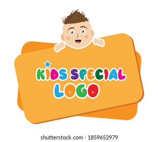 Kid's face vector illustration and colorful board with colorful dummy text logo. Fun and colorful logo vector for multipurpose use.