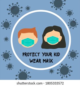 kids face wearing medical mask to prevent corona virus with tagline. sticker or banner concept. Cartoon character design Vector Illustration