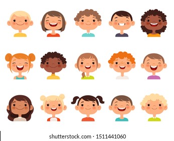 Kids faces. Child expression faces little boys and girls cartoon avatars vector collection