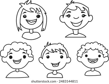 Kids faces. Child expression faces little boys and girls cartoon avatars vector collection. Girl and boy avatar.
