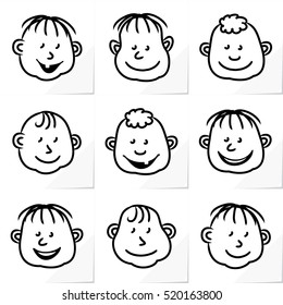Kids Faces Nine Authentic Icons of Funny Smiling and Happy Children - Black Elements on White Natural Paper Effect Background - Quick Sketch Flat Graphics Style