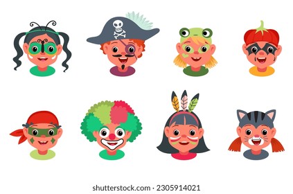 Kids faces painting. Boys and girls with carnival makeups. Entertainment for children. Pirate or Indian. Animals festival party costumes. Little people heads with masks