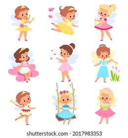 Kids fairies. Beautiful little sorceresses with magical accessories, wings, tiaras and flowers, cute princess myth girls in dresses. Flying fairytale elf babies. Vector cartoon isolated set