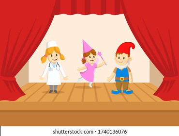 Kids in fairy costumes performing on the stage of the theater. The play in the kindergarten. Colorful flat vector illustration, isolated on white background.