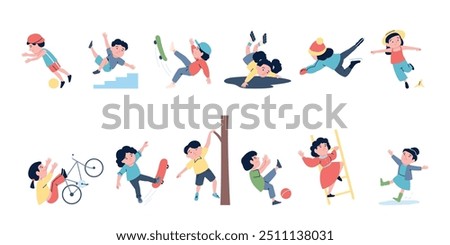 Kids fall down. Children falling from tree ladder staircase, slip and stumble. Dangerous outdoor accidents, at school or kindergarten, recent vector scenes