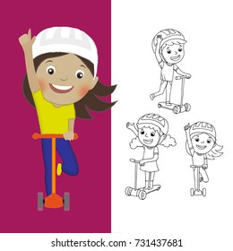 Kids fan on scooters. Colorful and doodle hand drawn illustration 2