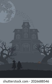 Kids in fancy costume holding bucket standing in front of a house on full moon night, Silhouette Halloween concept Flat illustration vector.