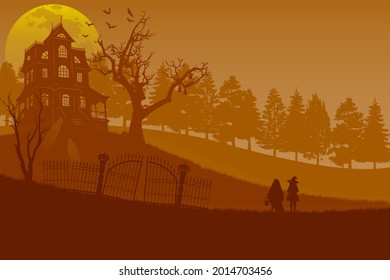 Kids in fancy costume standing in front of haunted hill house in Halloween night, Flat illustration vector.