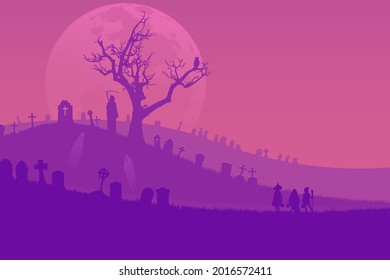 Kids in fancy costume standing in front of haunted cemetery in night, Silhouette Halloween background Flat illustration vector.