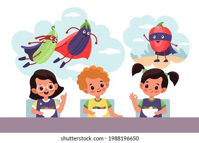 Kids fantasies. Cartoon children dreaming about superhero vegetables characters. Happy girls and boy sit at table and eat. People imagine adventures of fictional heroes. Vector daydreaming