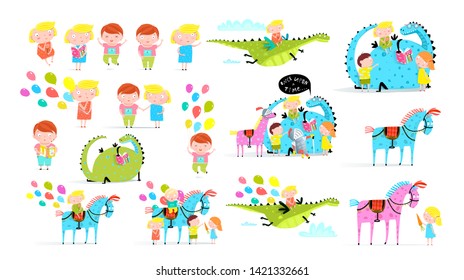 Kids in fantasy world cartoon illustrations set. Children book flat vector illustrations set. Little boy with air balloons in amusement park stickers pack. Happy girl riding dragon, carnival horses.