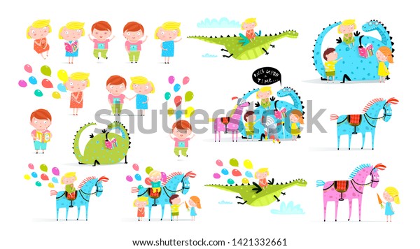 空想世界の漫画のイラストセットの子ども 子ども用の平らなベクターイラストセット 遊園地のステッカーに風船を持つ小さな男の子 幸せな女の子はドラゴンに乗り カーニバルの馬 のベクター画像素材 ロイヤリティフリー