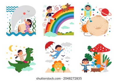 Kids Fantasy World. Children Imagination, Childhood Dream Adventures. Imagine Magic, Kid On Playground. Childish Mind, Friendship Decent Vector Scenes