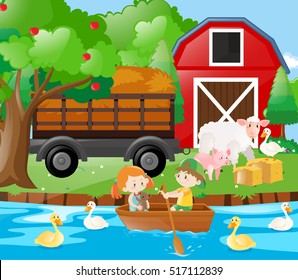 Kids and farm animals on the farm illustration