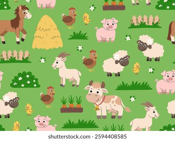 Kids farm cartoon pattern. Seamless village background with animals, livestock and poultry. Cows, sheep, goats, horses and chickens on the background of a meadow with bushes, flowers and haystacks.