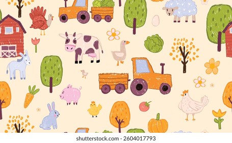 Kids farm seamless pattern, hand drawn animal color pencil wallpaper, vector village naive print. Nursery doodle cartoon textile wax crayon texture cute rabbit, cow, chicken. Kids pattern linen design
