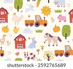 Kids farm seamless pattern, vector hand drawn color pencil animal wallpaper, village naive print. Country nature cartoon textile wax crayon texture cute rabbit, cow, chicken. Kids pattern linen design
