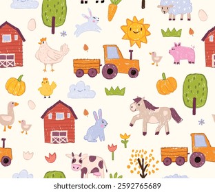 Kids farm seamless pattern, vector hand drawn color pencil animal wallpaper, village naive print. Country nature cartoon textile wax crayon texture cute rabbit, cow, chicken. Kids pattern linen design