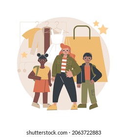 Kids fashion abstract concept vector illustration. Kids stylish outfit, baby style showroom, children clothes market, youth fashion industry, junior model, handmade accessories abstract metaphor.