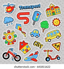 Kids Fashion Badges, Patches, Stickers. Education City Transport With Bicycle, Car And Bus. Vector Doodle