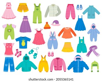 Kids fashion. Fashioned clothes modern style casual and stylish shirt pants sweater and jackets recent vector flat pictures set collection