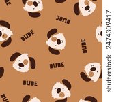kids fashion pattern design with cute puppy head drawing and slogan as vector