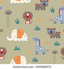 diseño de patrón de moda para niños con elefante lindo, león, oso, dibujo de dibujos animados de jirafa como Vector