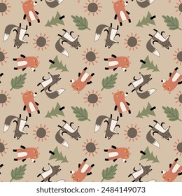 kids fashion pattern design with cute fox and bear drawing as vector