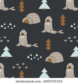 kids fashion pattern design with cute sea lion, igloo and tree drawing as vector