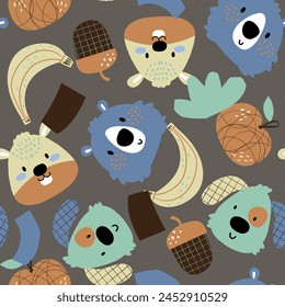 kids fashion pattern design as vector with cute squirrel, bear, dog, banana and apple drawing