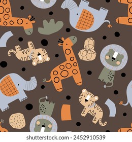 kids fashion pattern design as vector with cute lion, tiger, elephant, giraffe and geometric shapes drawing