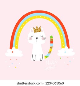 Kids fashion print with cute cat princess, rainbow and lettering. Vector hand drawn illustration.