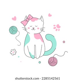 Kids fashion print with a cute kitten. Vector illustrations for printing on t-shirts, posters, fabrics, greeting cards, baby shower, stickers, phone case, mugs and other design