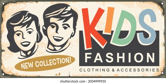 Kids fashion retro boutique sign design with boy and girl portraits. Vintage vector trade sign template with children graphic. Old poster advertisement for kids clothing.