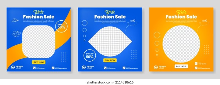 Kids Fashion sale Editable minimal square banner template. Blue And Orange background color with geometric shapes and space of your image, For social media posts, story and web internet ads.