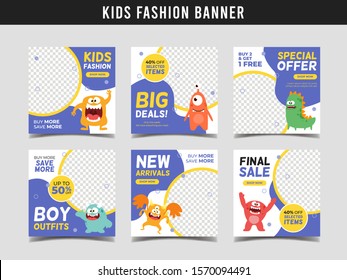Kids Fashion Sale Square Banner Template With Cute Monster Illustration. Promotional Banner For Social Media Post, Web Banner And Flyer