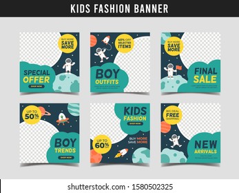 Kids Fashion Sale Square Banner Template With Astronaut And Rocket Illustration. Promotional Banner For Social Media Post, Web Banner And Flyer