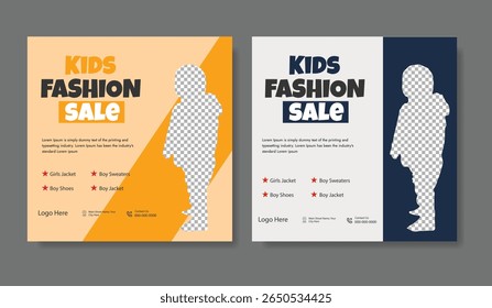 Kids fashion sale square banner template with cute monster illustration. Promotional banner for social media post, web banner and flyer