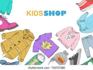 Kids fashion shop backgrounds. Hand drawn design sketch template banner. Vector illustration.