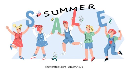 KIds fashion summer sale banner or poster template for online shop and store, flat vector illustration. Sale banner with cartoon children characters.