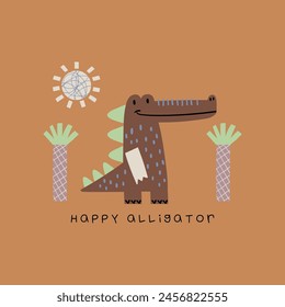 kids fashion tee print design with cute alligator drawing as vector