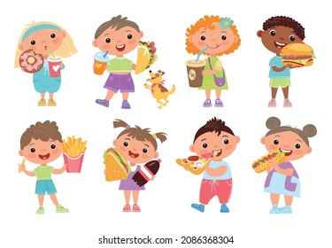 Kids with fast food. Children with street snacks and sweet drinks. Cute boys and girls with burger, pizza and French fries. Young people eat burrito or donut. Vector