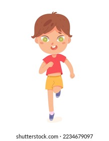 Kids fast run, front view vector illustration. Cartoon isolated child athlete training, boy running healthy marathon or athletic competition, active exercises and jogging workout of cute runner