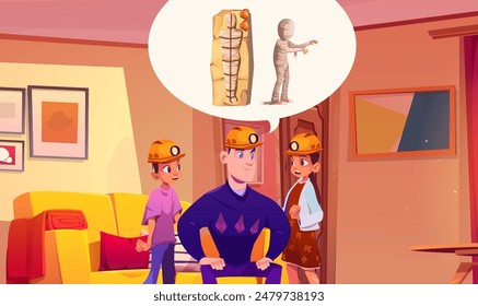 Kids with father dream about egypt mummy vector. Children character sitting in apartment living room on sofa. Curious sister and brother inside flat hallway or modern livingroom with lounge decor