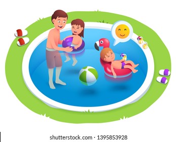 Kids and father having fun party swimming in back yard pool. Healthy children summer activity. Boy, girl & dad playing with inflatable tube ring toys together. Flat vector character illustration