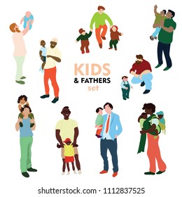 Kids and Fathers set. Hand drawn vector illustrations isolated on white background. Father plays with children. Family time. Flat doodle style illustration.
