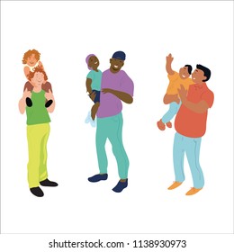 Kids and Fathers set. Hand drawn vector illustrations isolated on white background. Father plays with children. Family time. Flat doodle style illustration.