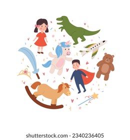 Kids favorite collection toys. Childish best friends. Childhood entertainment cartoon vector illustrations set isolated on white background. Doll, bear, rocking horse, superman dragon unicorn