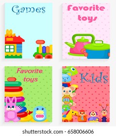 Kids favorite toys and games colorful poster of four cards with kitchenware and house with transport playthings and other amusing elements