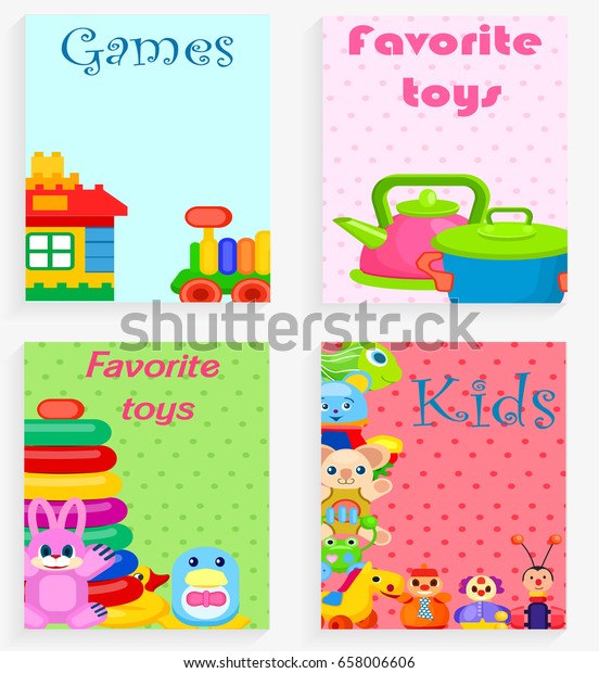 Kids favorite toys and games colorful poster of\
four cards with kitchenware and house with transport playthings and\
other amusing elements